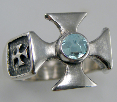 Sterling Silver Iron Cross Ring With Faceted Blue Topaz Size 10